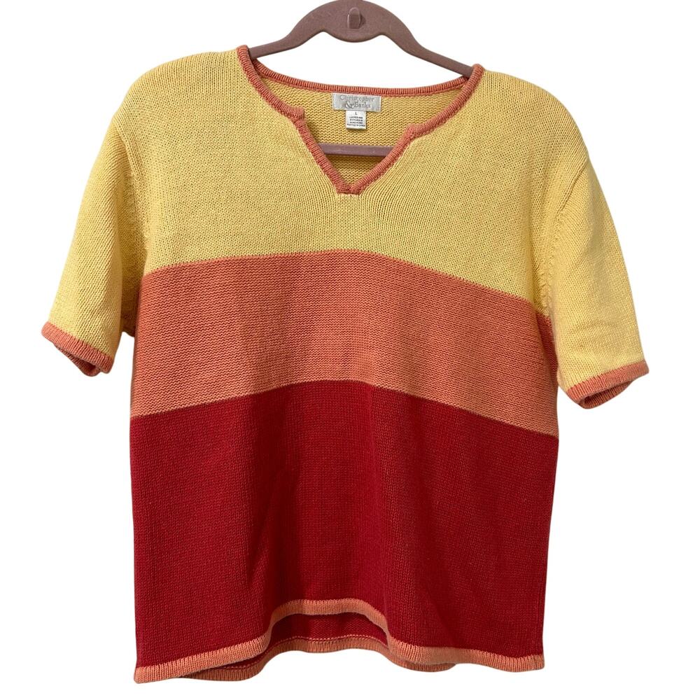 Christopher & Banks Women Sz Large Yellow & Pink Stripe Short Sleeve Sweater Vtg